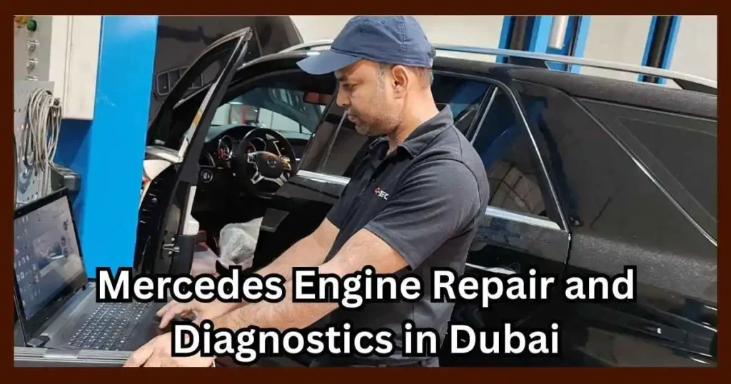 Mercedes engine repair and diagnostics in Dubai – Digitec Performance Center expert technician performing engine diagnostics using advanced Mercedes STAR diagnostic tools.